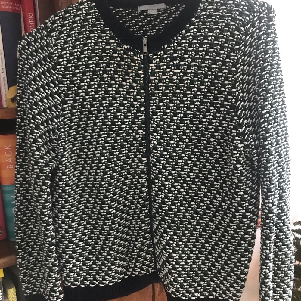 Blue green white knit COS cardigan